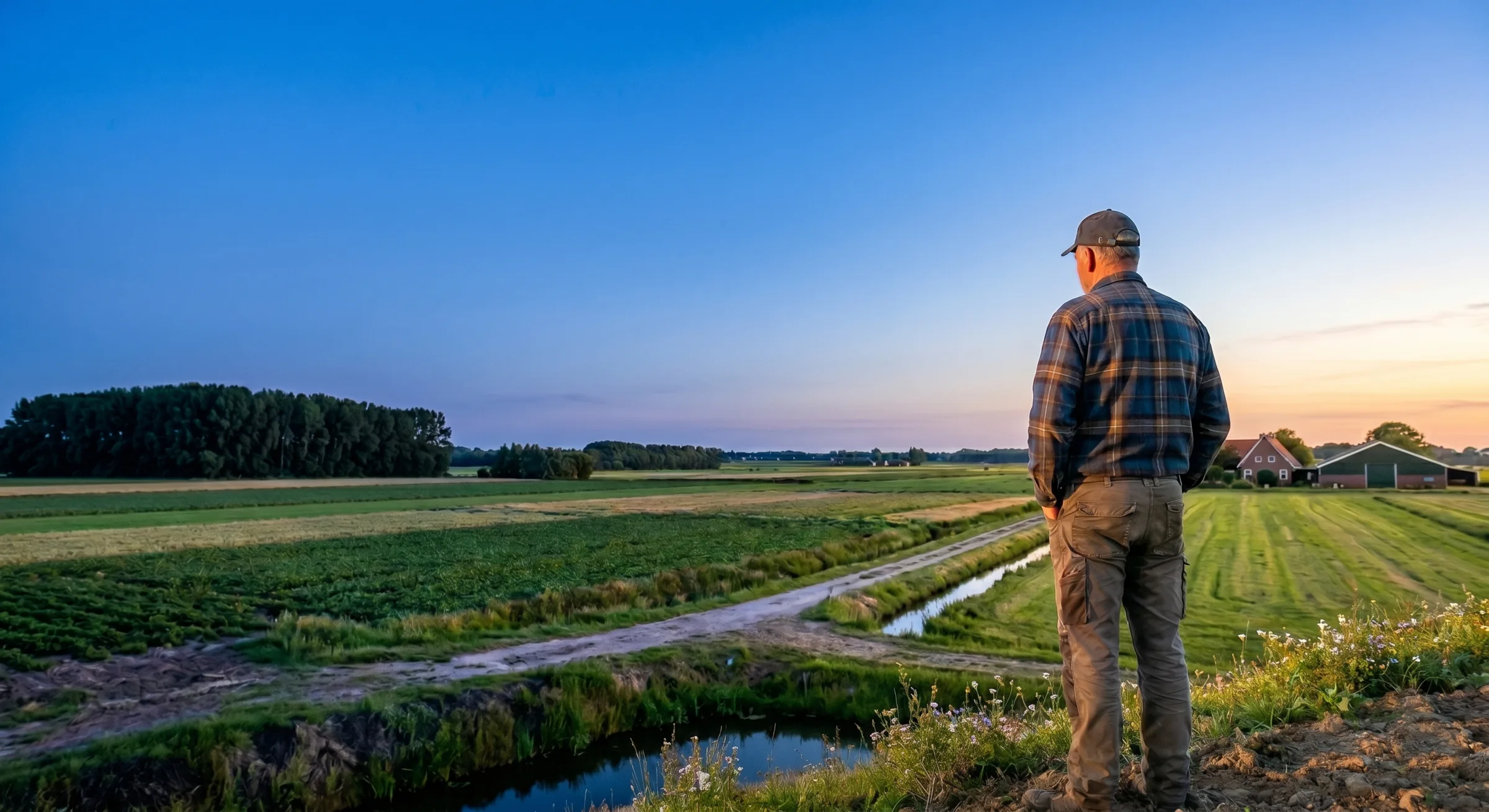 Een boer kijkt in de avondzon uit over zijn land